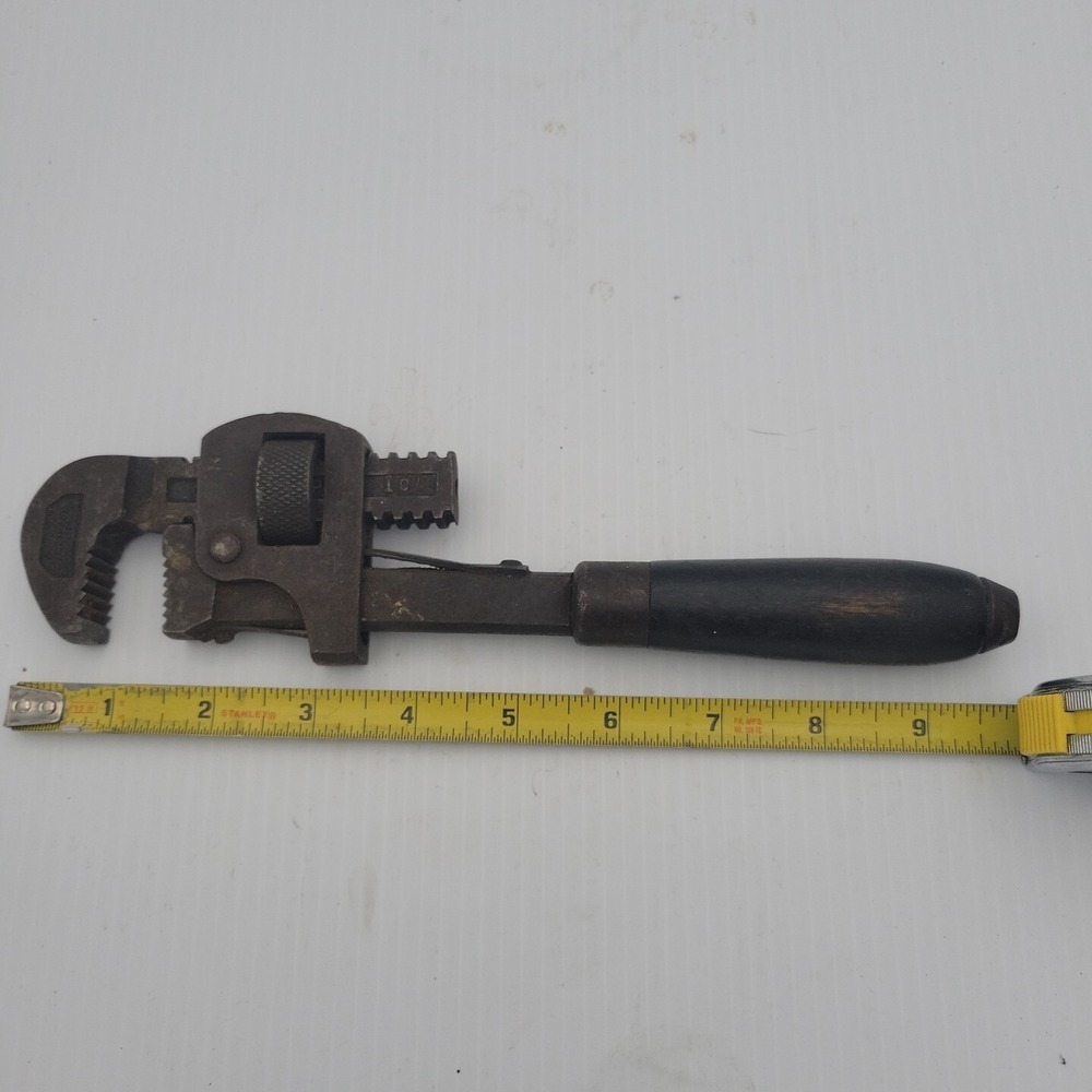 Vintage GTD Greenfield Pipe Wrench Wooden Handle USA Heavy Duty 10 Inch Tool